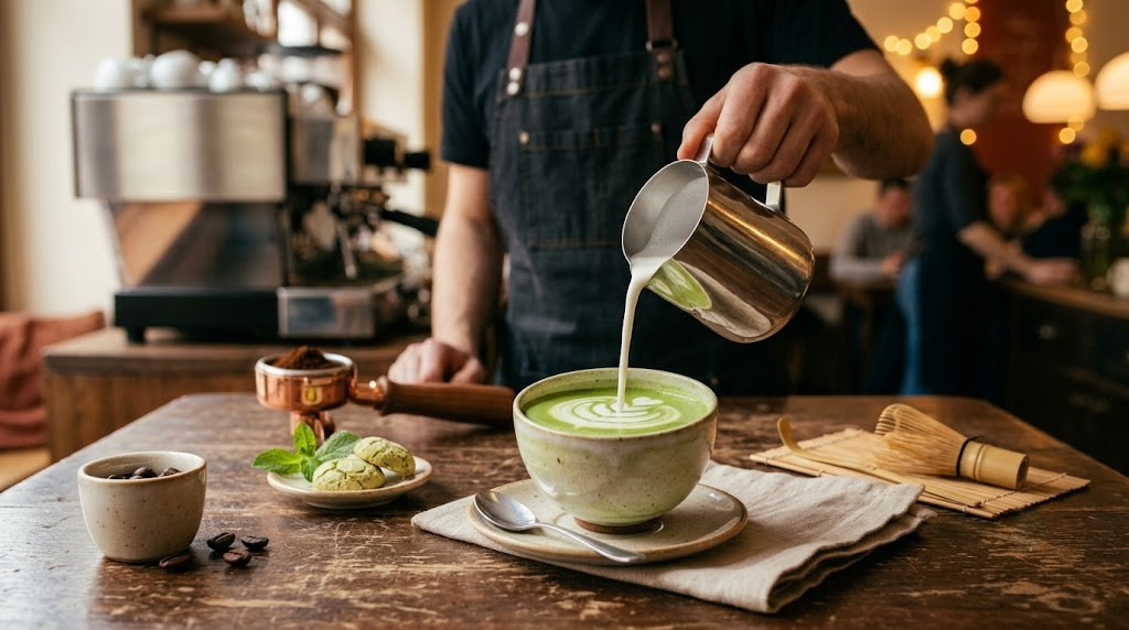 Príprava matcha latté